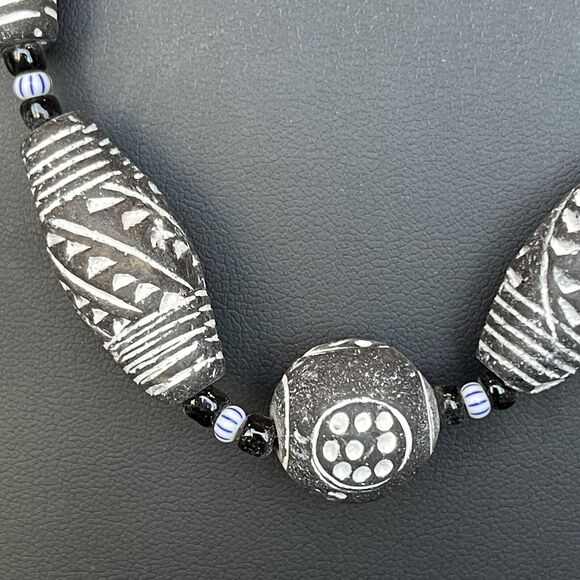 African Mali Clay Beaded Necklace Tribal Trade Bead 19” Length Barrel Clasp - Picture 4 of 7